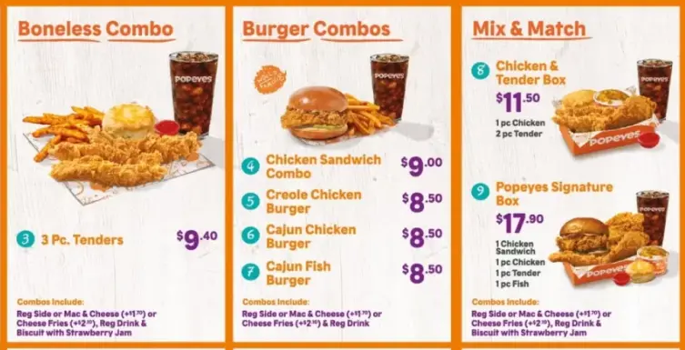 BONELSESS COMBO MENU PRICES 2024