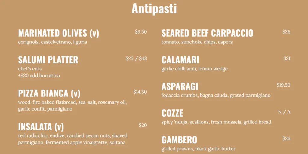 CICHETI ANTIPASTI MENU WITH PRICES 2024