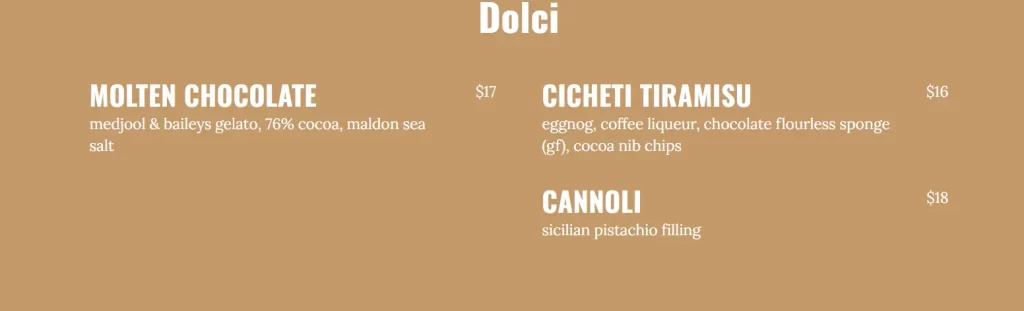 CICHETI DOLCI MENU PRICES 2024