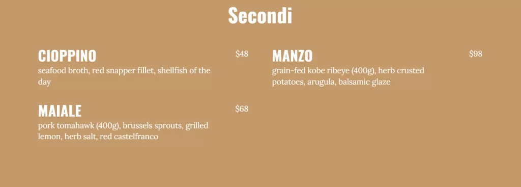 CICHETI SECONDI PRICES
MENU 2024