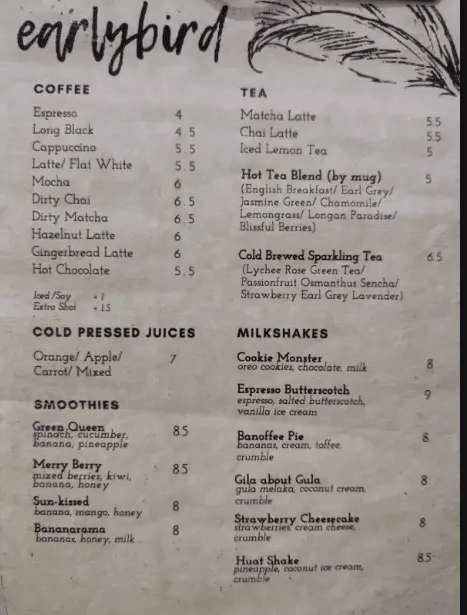 Earlybird Singapore Milkshakes Menu Price 2024