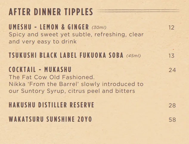 Fat Cow Sozai After Dinner Tipples Menu 2024