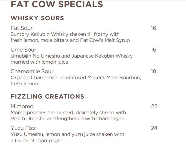 Fat Cow Wines Menu 2024