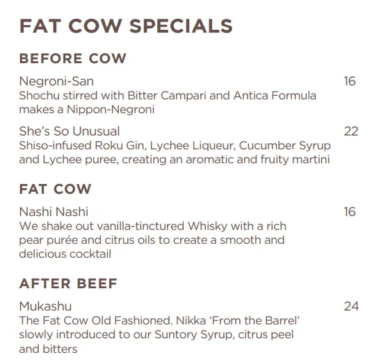 Fat Cow Wines Menu 2024