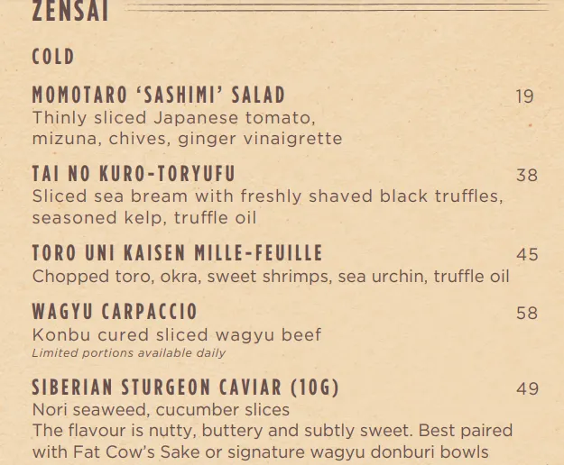 Fat Cow Zensai Menu 2024