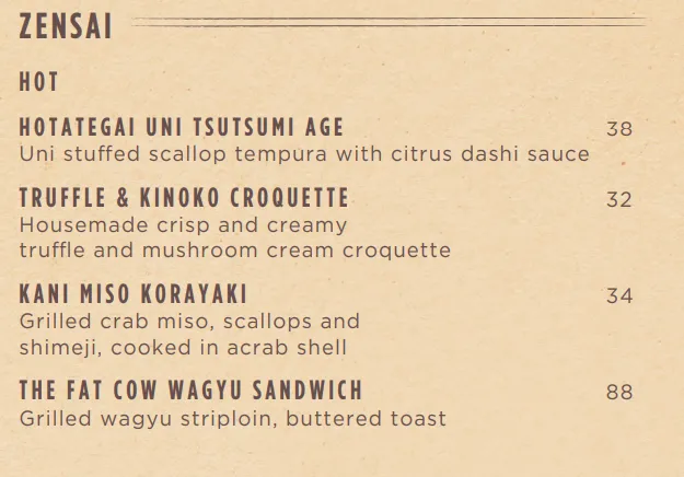 Fat Cow Zensai Menu 2024