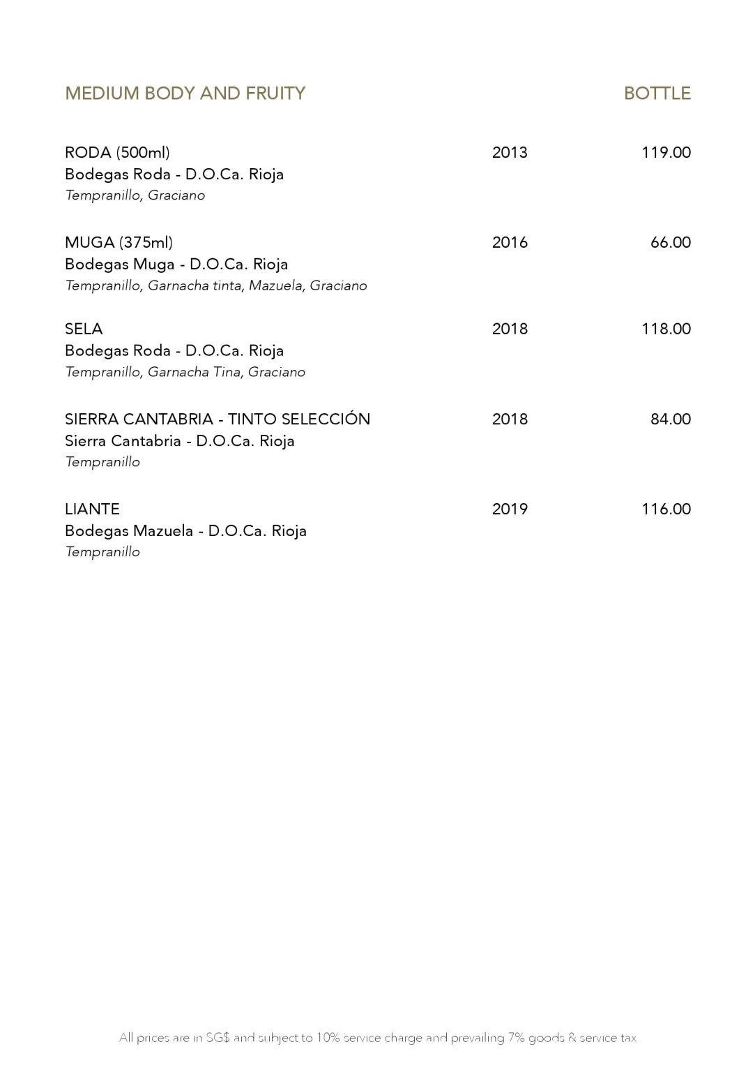 GAIG RESTAURANT RED WINES MENU 2024