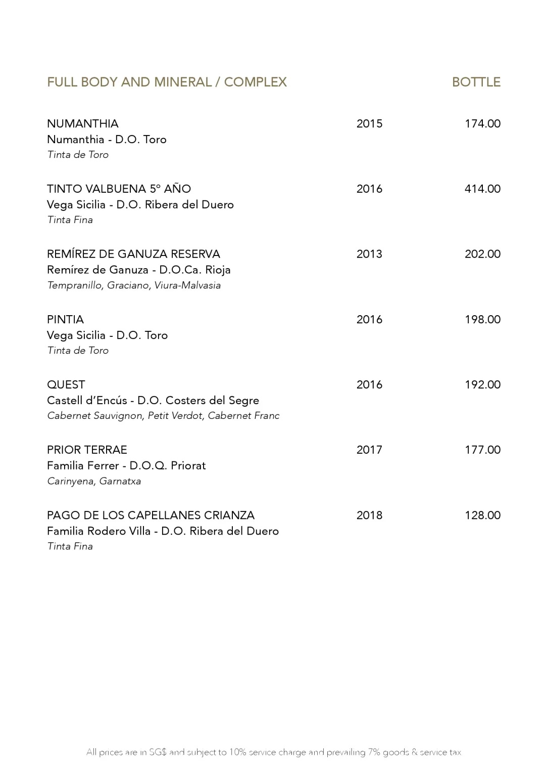 GAIG RESTAURANT RED WINES MENU 2024