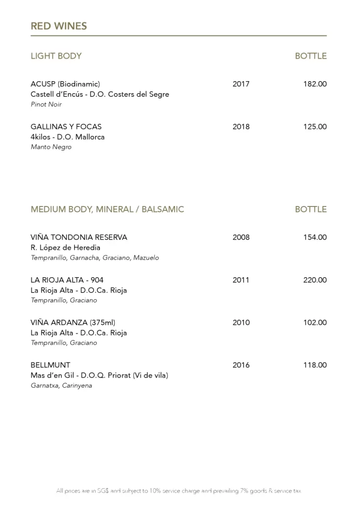 GAIG RESTAURANT RED WINES MENU 2024