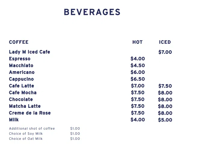 LADY M SINGAPORE ICED BEVERAGES MENU 2024