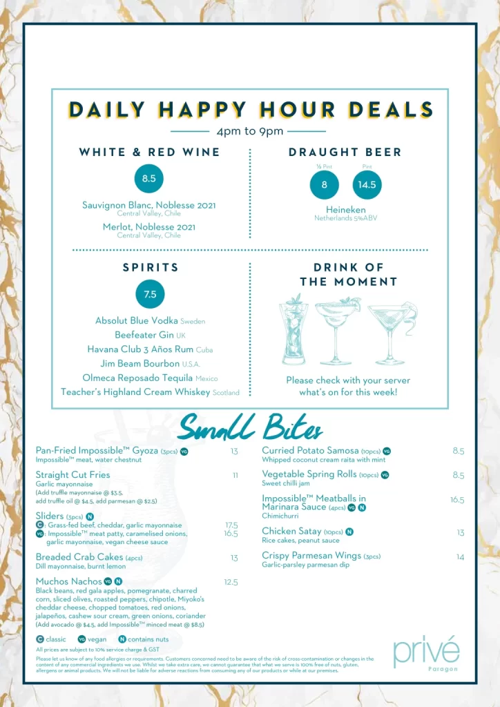 PRIVE HAPPY HOUR DEALS MENU 2024