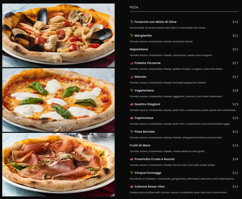 Rosso Vino Singapore Pizza Menu 2024