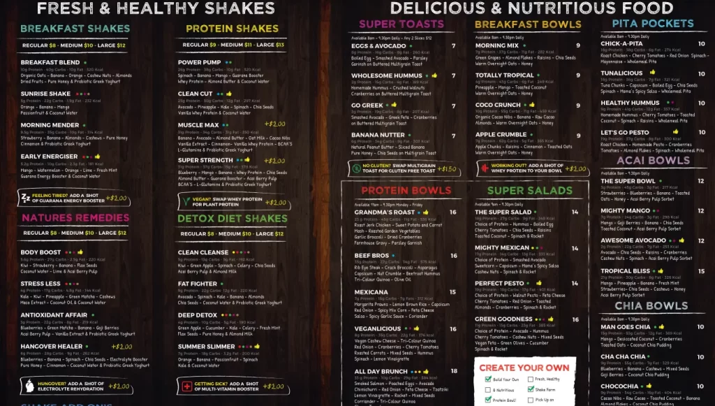 SHAKE FARM CHIA BOWLS MENU PRICES 2024