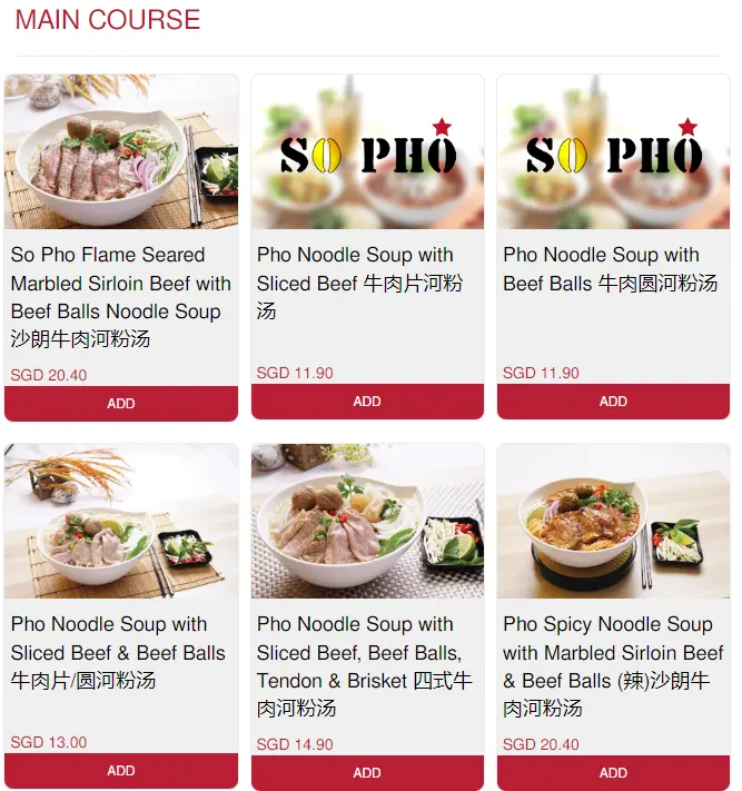 So Pho Singapore Main Course Menu 2024