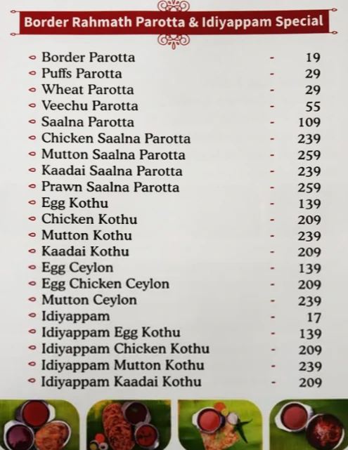 Border Rahmath Parotta Menu 2024