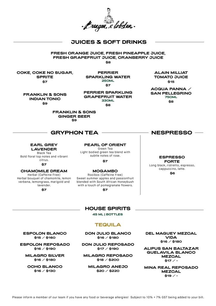 Burger & Lobster Drinks Menu 2024