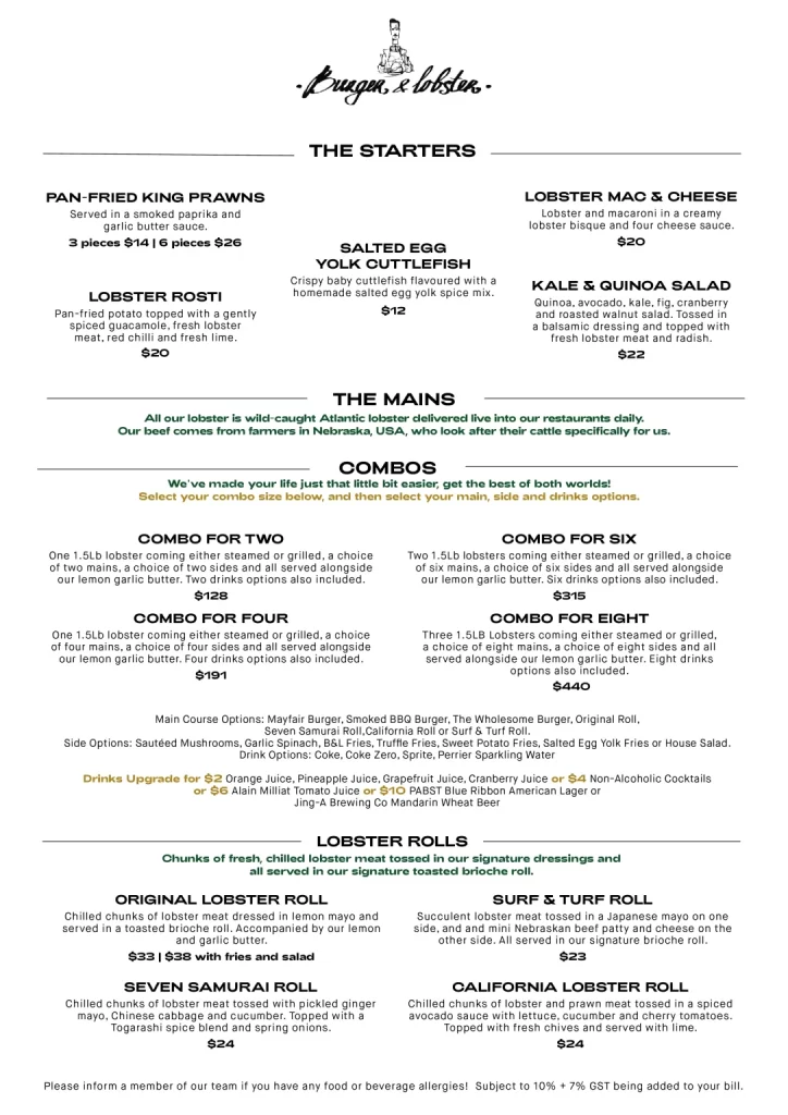 Burger & Lobster Starters and mains Menu 2024