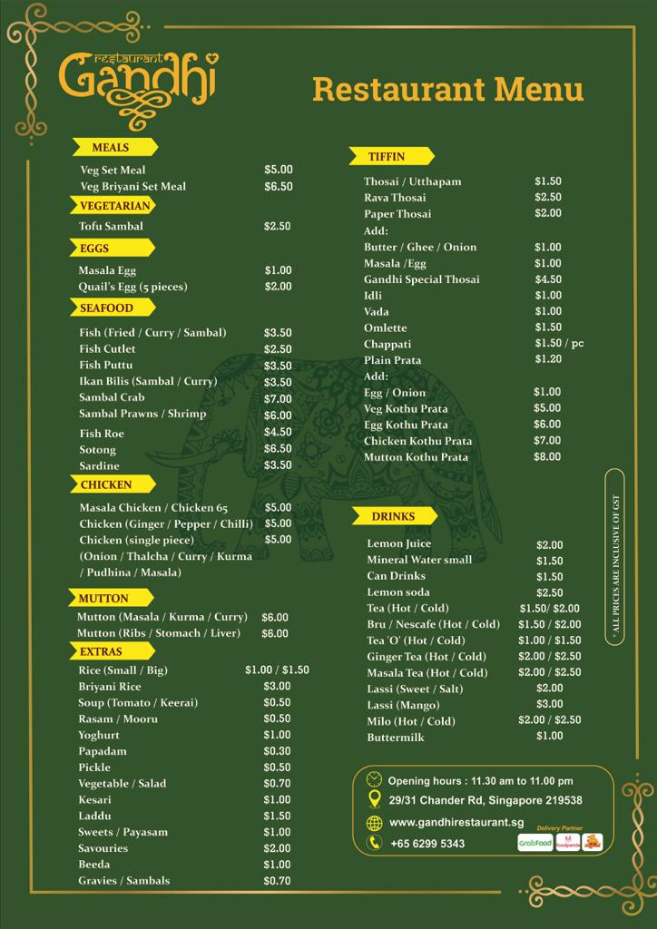 Gandhi Restaurant Menu – Tiffin 2024