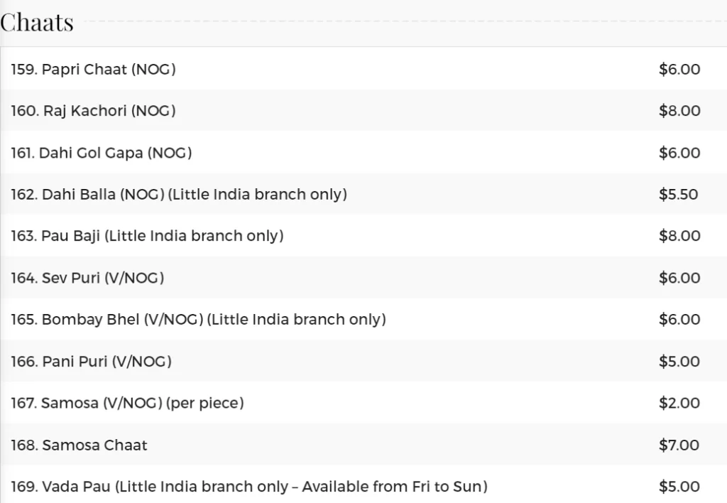 Raj Restaurant Chaats Menu 2024