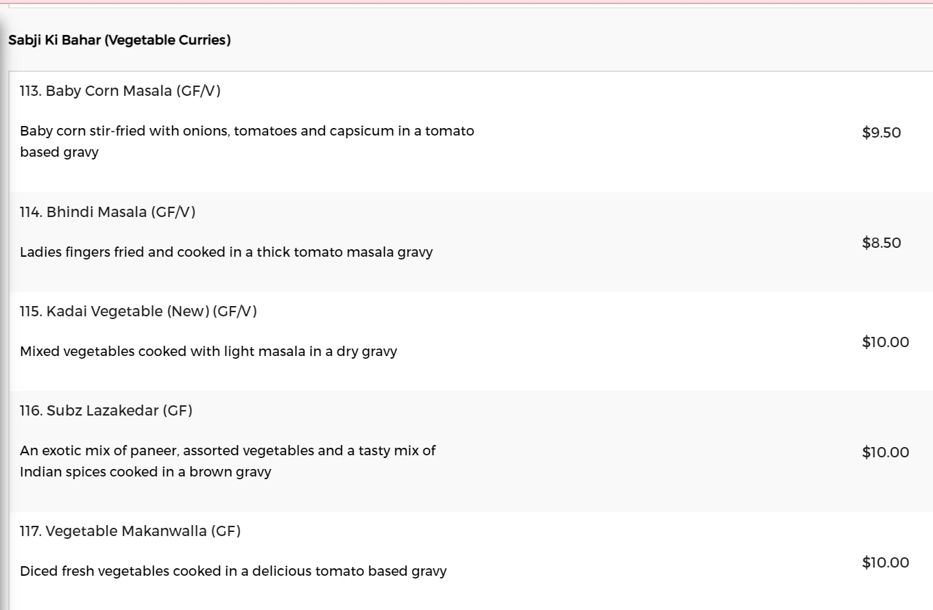 Raj Restaurant Curries Menu 2024