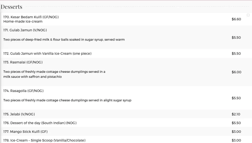 Raj Restaurant Desserts Menu 2024