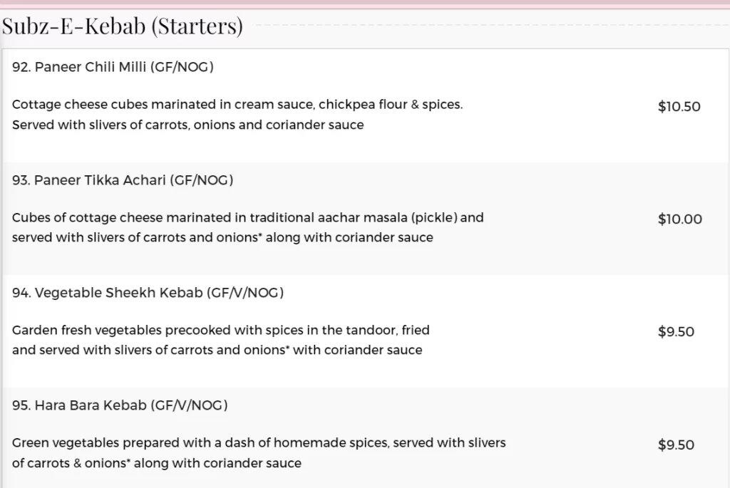 Raj Restaurant Starters Menu 2024