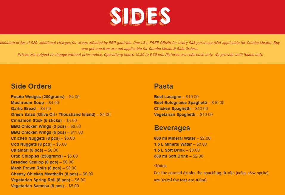 Rite Pizza Singapore Side Orders Menu 2024