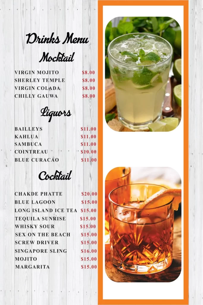 Urban Roti Drinks Menu 2024