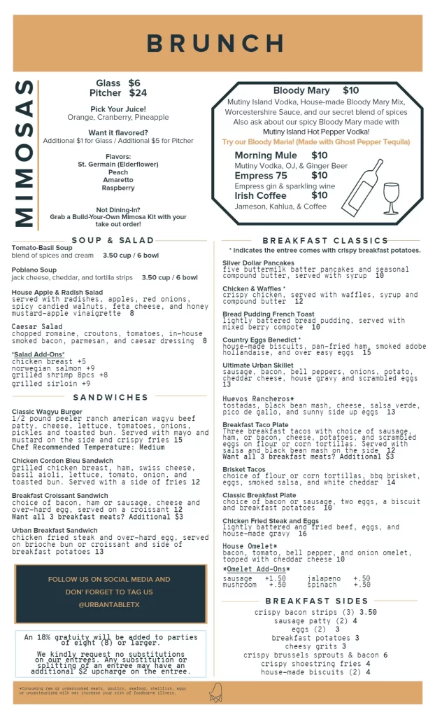 Urban Table Brunch Menu 2024