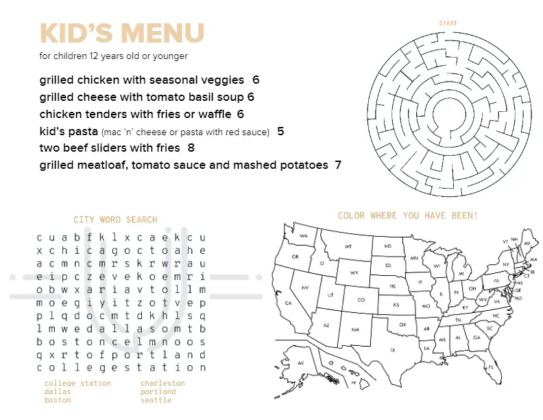 Urban Table Kids Menu 2024