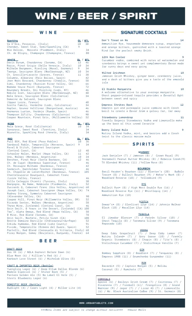 Urban Table Wine Menu 2024