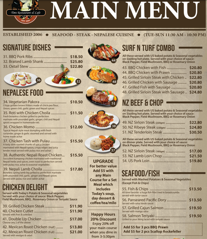 Tim’s Restaurant Menu