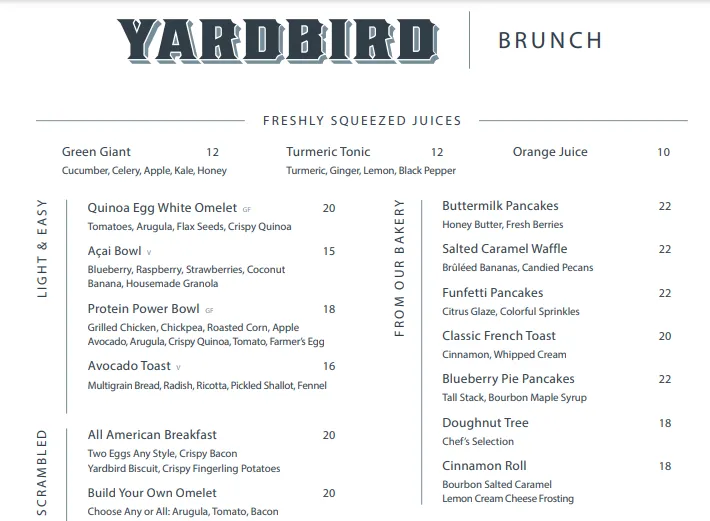 Yardbird Menu