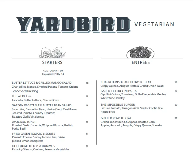 Yardbird Menu