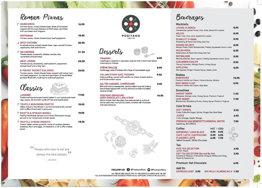 Positano Risto Menu