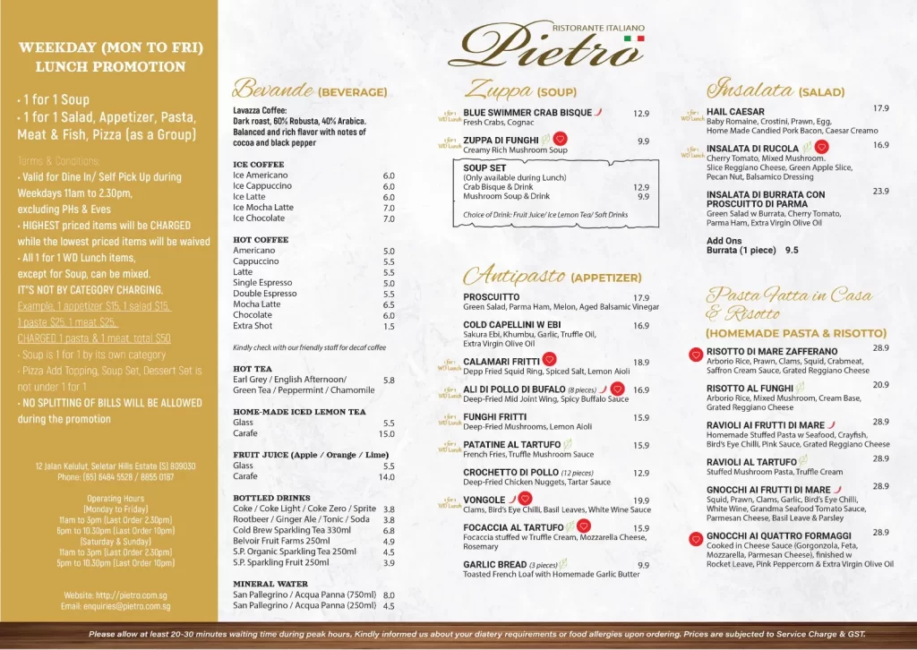 Pietro Ristorante Italiano Menu