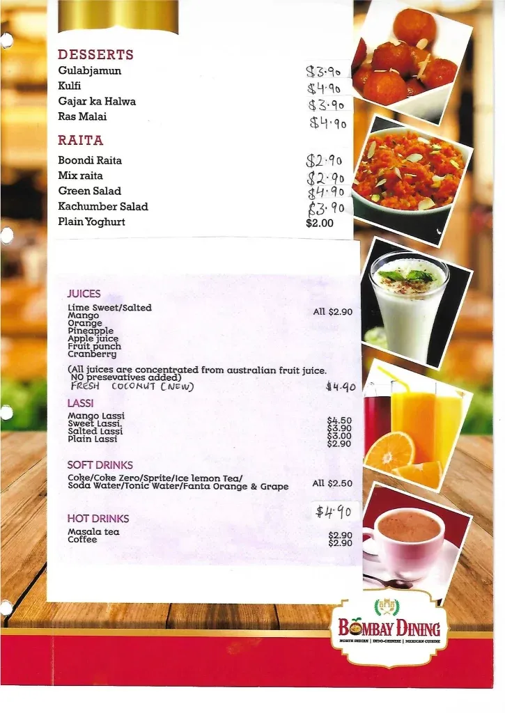 Bombay Dining Menu