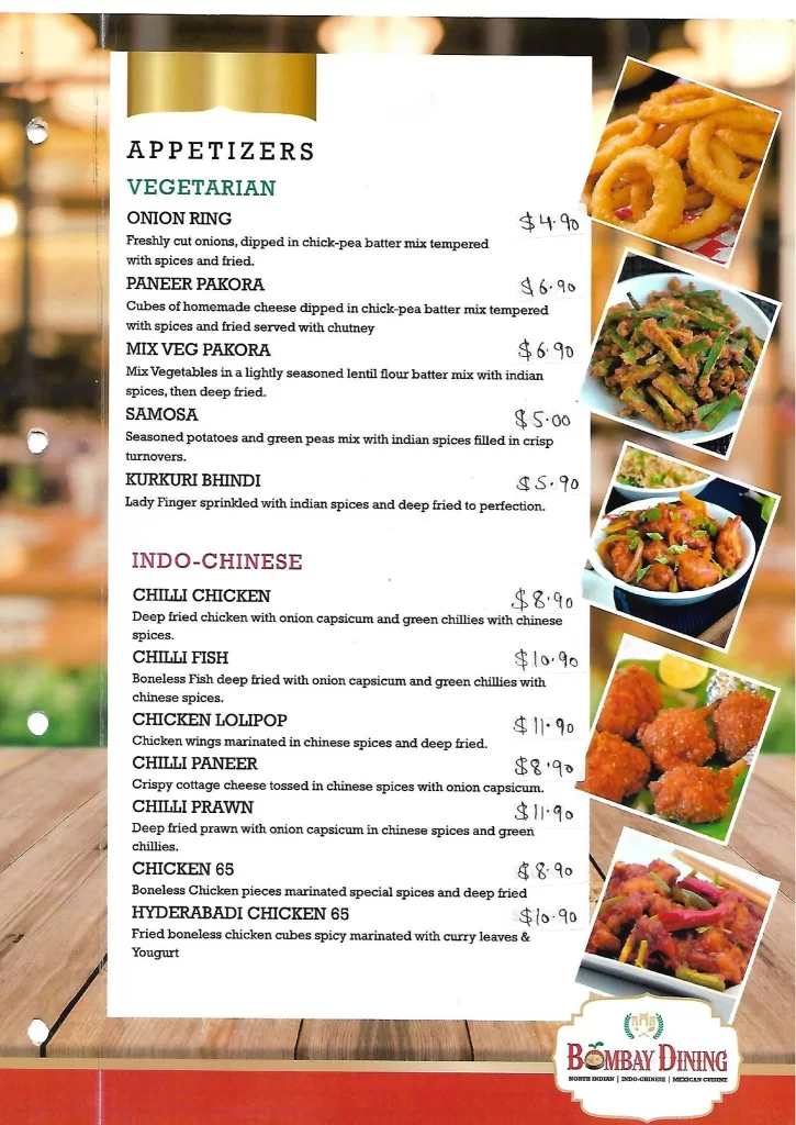 Bombay Dining Menu