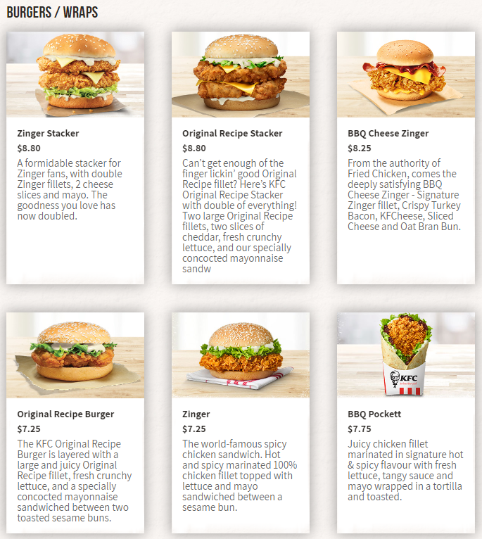 KFC menu