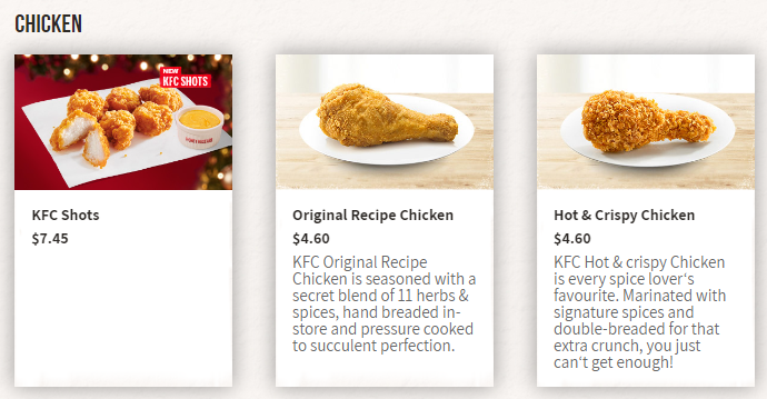 KFC menu