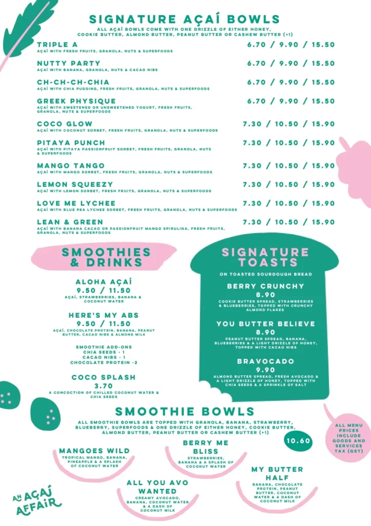 ACAI AFFAIR SIGNATURE ACAI BOWLS MENU WITH PRICES 2024