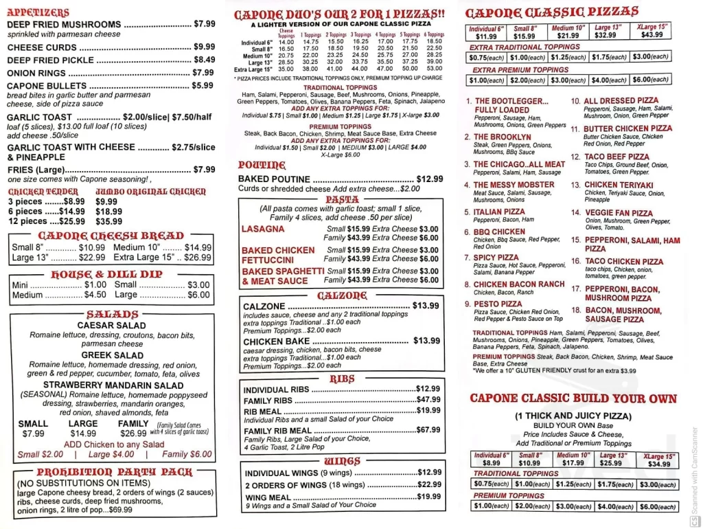 AL CAPONE’S MENU PIZZA PRICES 2024