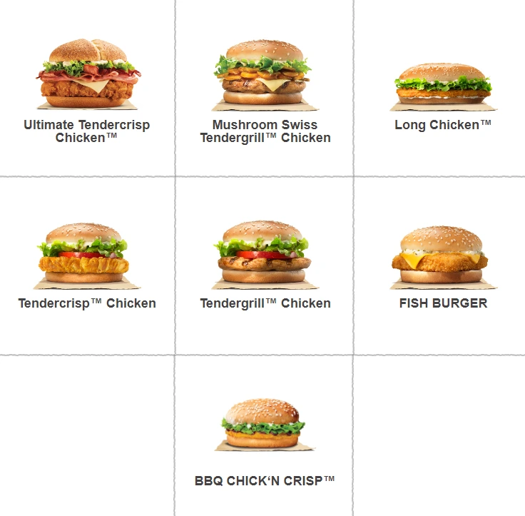 BK CHICKEN & FISH MENU BURGERS CALORIES 2024