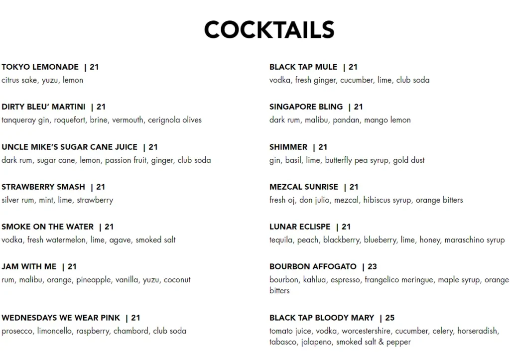 BLACK TAP COCKTAILS MENU PRICES 2024