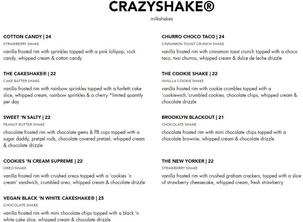 BLACK TAP MENU CRAZY SHAKES PRICES 2024