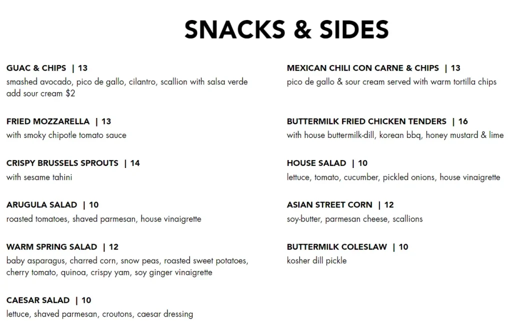 BLACK TAP SNACKS & SIDES MENU PRICE 2024