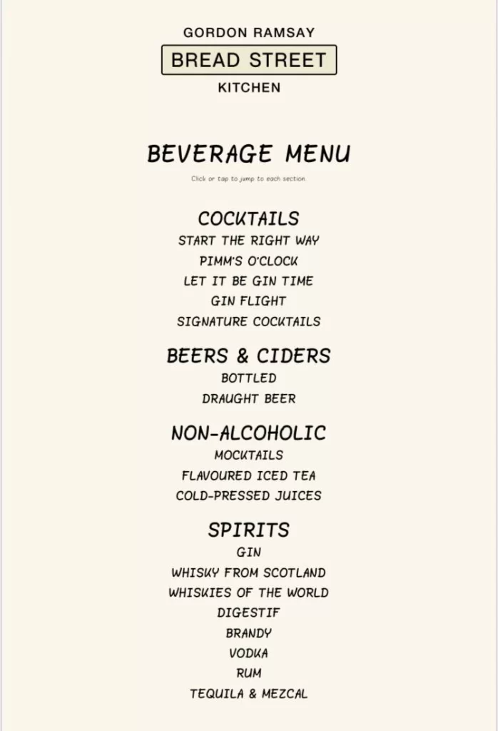 Bread Street Beverages Menu Prices 2024