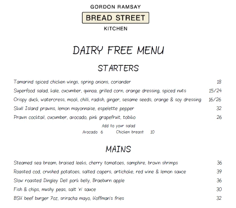 Bread Street Kitchen Dairy Free Menu 2024