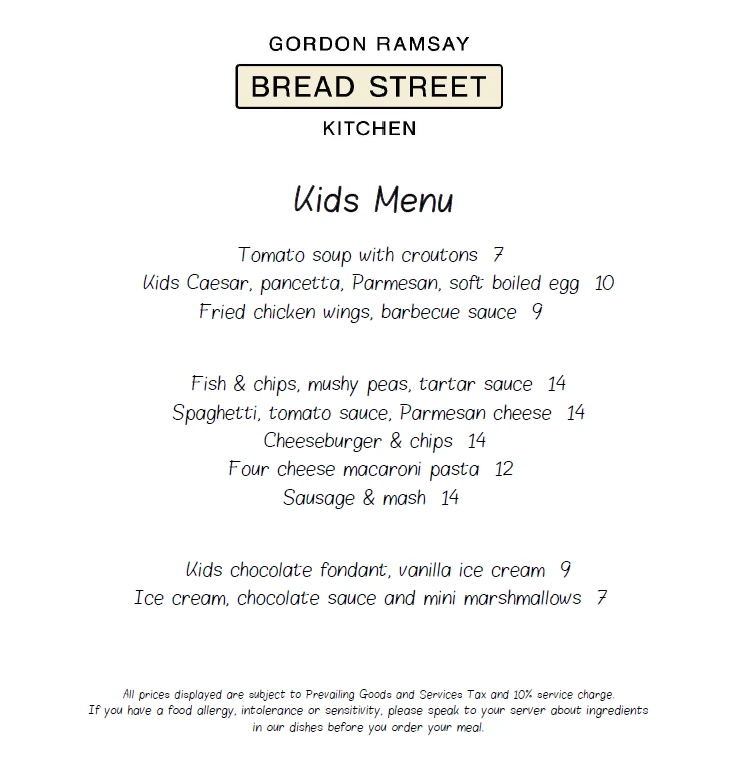 Bread Street Kitchen Kids Menu 2024