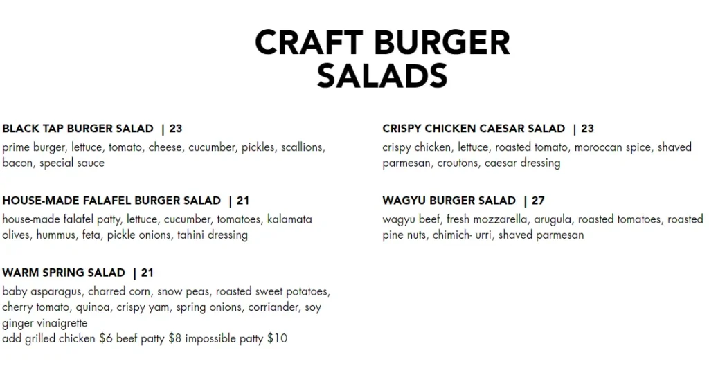 CRAFT BURGER SALADS MENU PRICES 2024